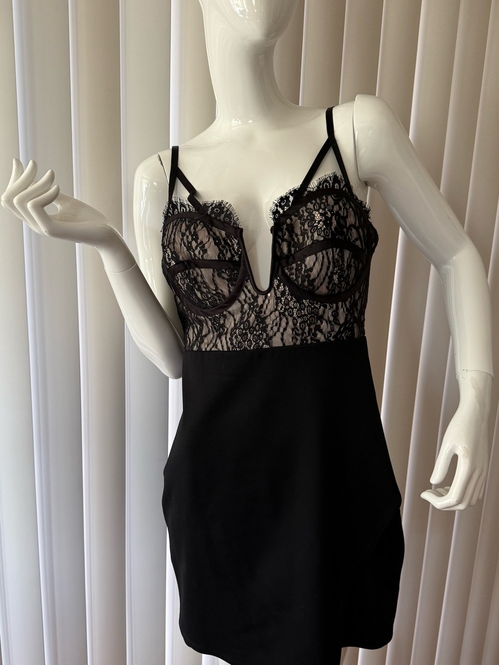 bebe Black Lace Bustier dress with Plunging V